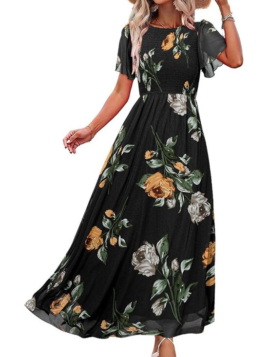 Dresses & Skirts - Women's Black Crew Neck Floral Boho Flowy Short Sleeve Cocktail Maxi Dress